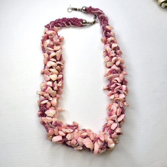 Chunky Pink Shell Chips and Pink Beads Bib Necklace - Picture 7 of 12